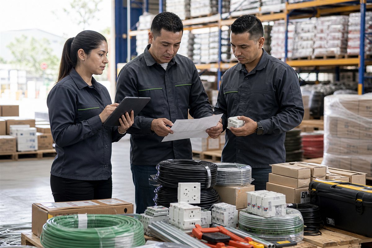 Representación de un equipo verificando y consolidando materiales eléctricos para un pedido