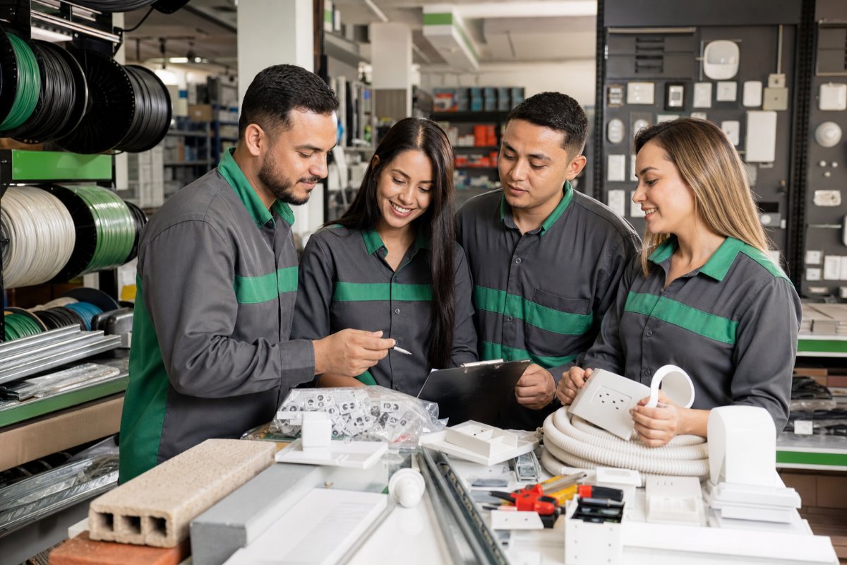 Representación del equipo OBRITEK revisando materiales para un proyecto