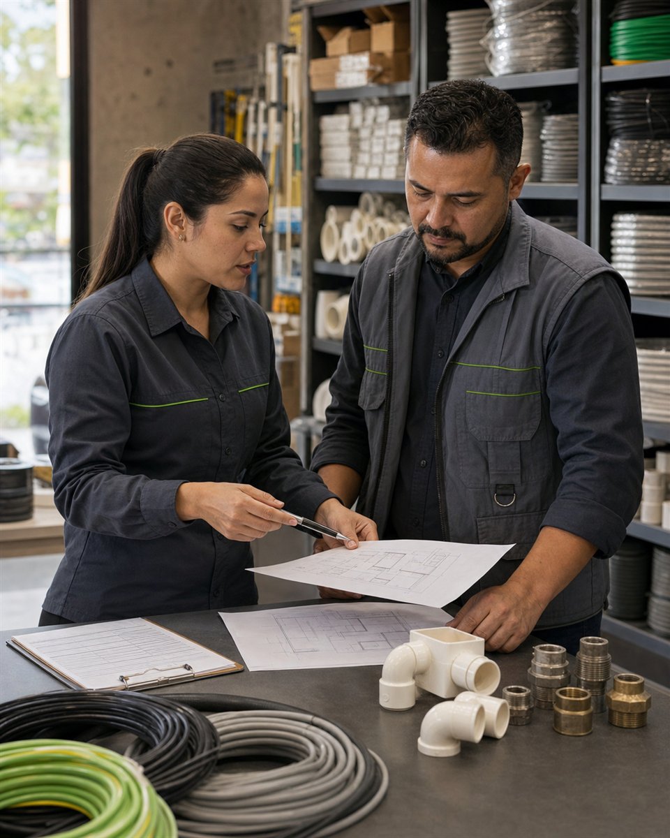 Asesora y profesional de obra revisando planos, cantidades y muestras de materiales