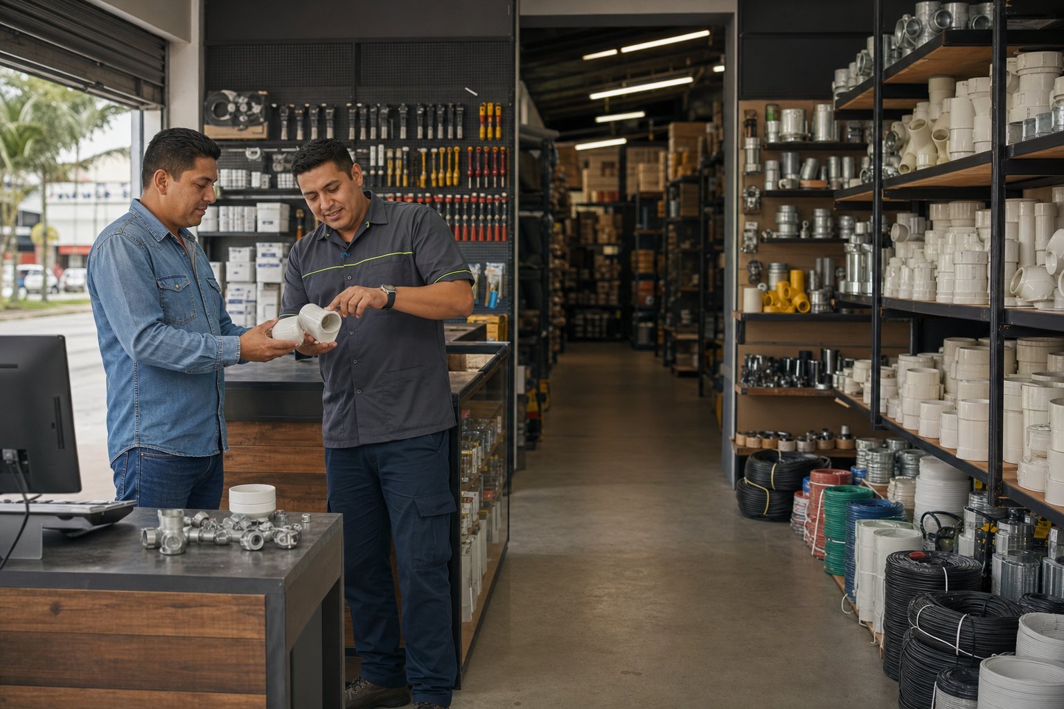 Asesor atendiendo a un cliente en el showroom de materiales ferreléctricos