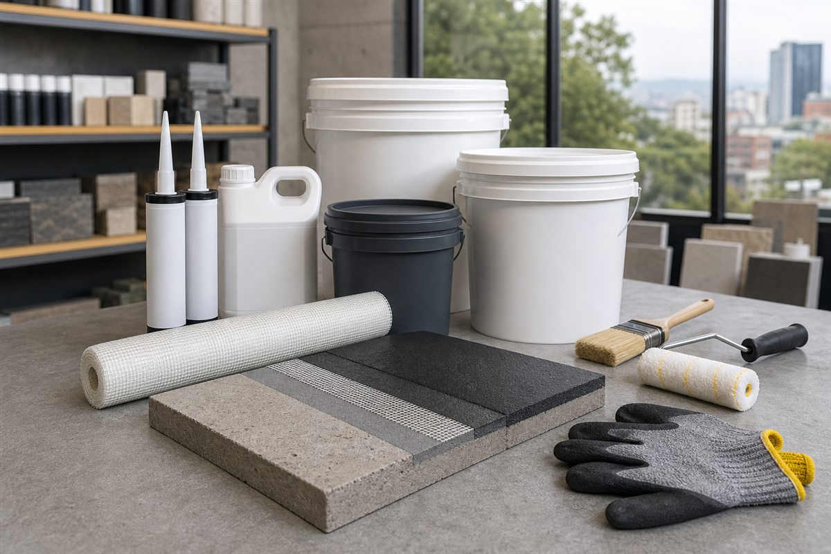 Materiales complementarios de un sistema impermeabilizante sobre una mesa técnica