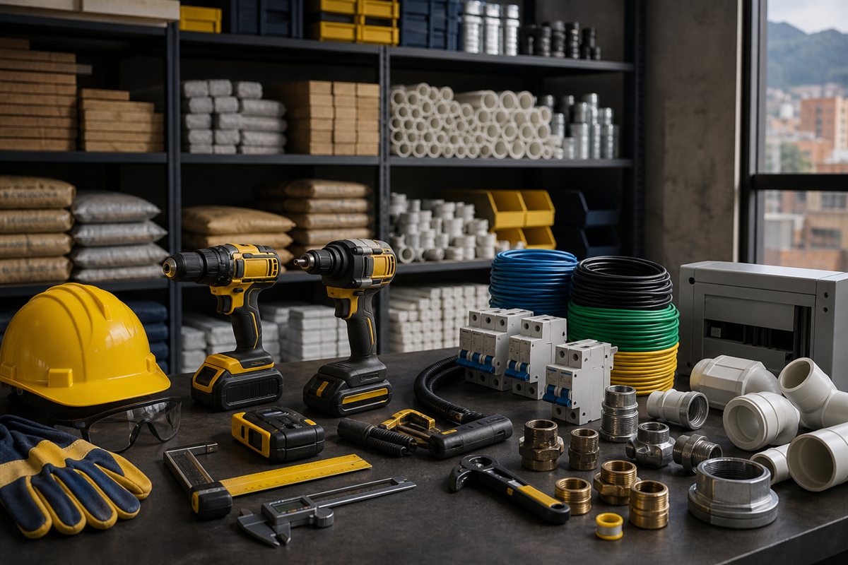 Surtido de herramientas, materiales eléctricos y accesorios hidráulicos
