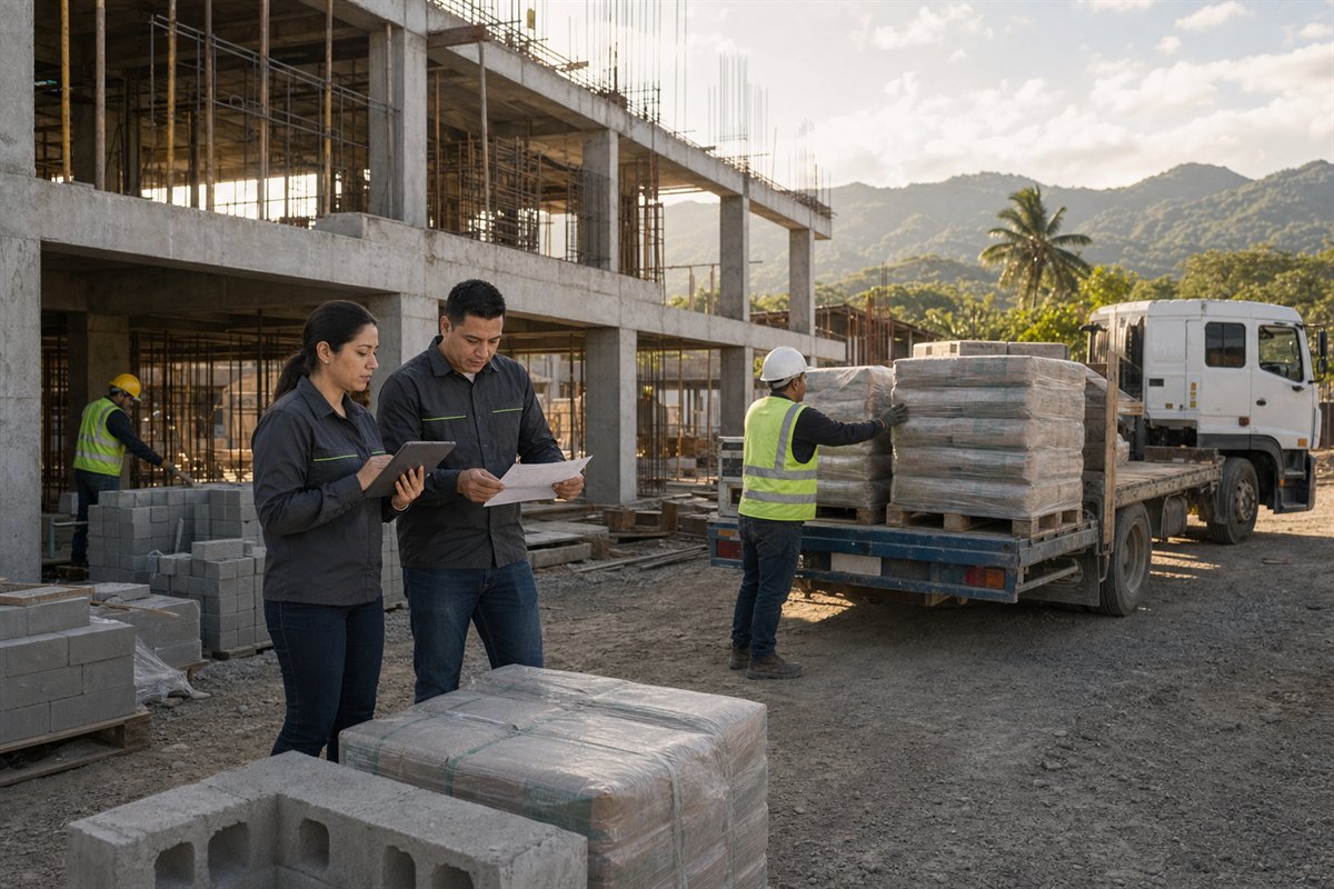 Equipo coordinando la recepción de materiales en una obra comercial