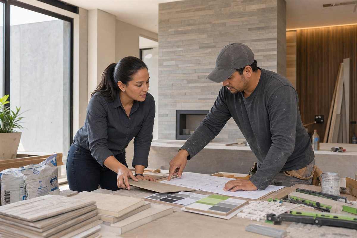 Especialista revisando materiales de acabados para una remodelación
