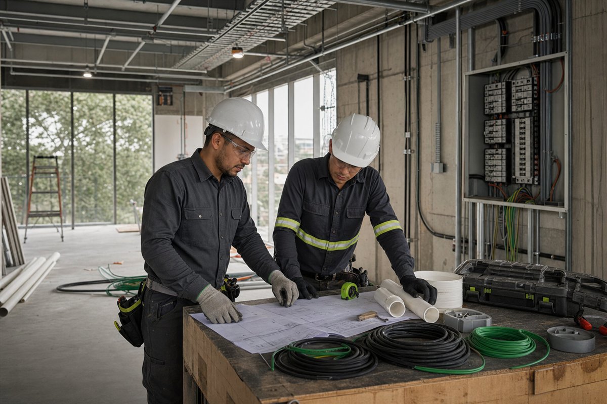 Técnico organizando materiales para redes eléctricas e hidráulicas